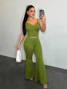 SHEIN SXY Women's Sexy Contrast Lace Slim Fit Camisole And Flare Leg Pants Set, Summer - Green - View 3