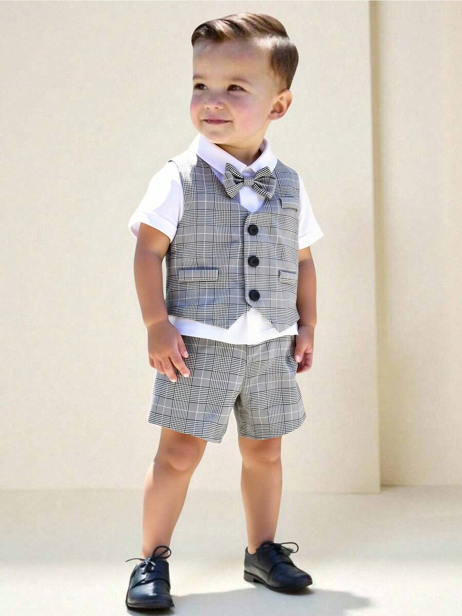 3 piezas Conjunto formal de caballero para niños pequeños: Polo de punto blanco con moño, chaleco de bolsillo decorativo a cuadros y pantalones cortos de cintura elástica, elegante y de moda, adecuado para fiesta de cumpleaños, bautizo, celebración del 1er cumpleaños, ocasiones formales, cena, actuación, boda, atuendo de paje, verano - Multicolor - Ver 1