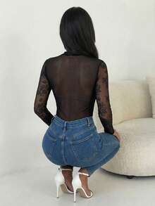 Allurite Women's Hollow Out Design Long Sleeve Lace Sexy Sheer Cropped Top - Black - View 2