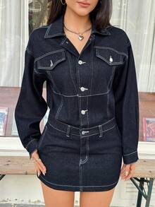 Rivivi 女士休闲通勤撞色缝线落肩宽松腰身修身牛仔连衣裙 - 藍色 - 查看 4