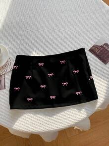 Comfortcana Casual Minimalist Black Background Pink Bow Allover Print Pattern Women's Low Waist Mini Skirt With Lining, Suitable For Spring/Summer Carnival - Multicolor - View 2