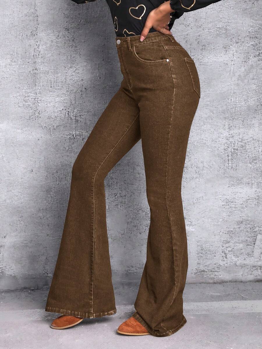 SHEIN Tall Women's High Waist Pockets Casual Versatile Flare Jeans - Khaki - View 1