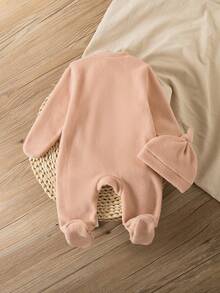 Newborn Plush Long Sleeve Top And Pants 2-Piece Set With Zipper, Cherry Embroidery Pattern, And Hat, Solid Color Homewear, Autumn/Winter - Pink - View 2