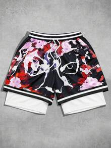 ROMWE MEN Goth Men's Tie-Dye Striped Drawstring Waist Pocket Casual Shorts - Multicolor - View 1