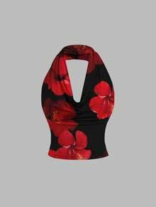 SHEIN MOD Women's Casual Elegant Floral Print Camisole, One Top Three Ways, Vacation Top, Summer Top,Summer Holiday Outfits ,Spring Outfit Women ,Beach Outfits For Women ,Casual Women Outfits,Black Top For Women,Red Top For Women Spring - Multicolor - View 2