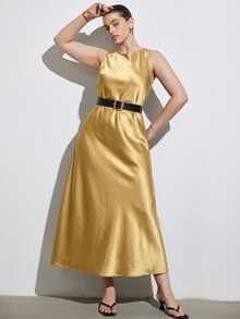 Aveloria Modichic Đầm chữ A không tay phong cách tối giản sang trọng, kiểu dáng bất đối xứng đơn giản thanh lịch, chất liệu vải hai mặt bóng mượt như satin, thiết kế tôn dáng, đa năng có thể mặc riêng hoặc phối lớp, phù hợp cho đi làm hàng ngày, cỡ lớn. - Vàng - Xem 6