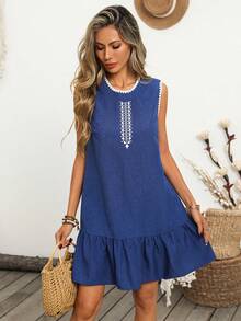 Breezaya Women's Summer Boho Navy Blue And White Printed Sleeveless Ruffled Hem H-Line Dress,Elegant Vacation Holiday Short Dress For Beach Party - Navy Blue - View 2
