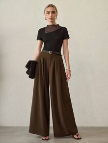 MOTF PREMIUM 黑色牙签图案撞色网眼针织T恤 - 黑色 - 查看 1