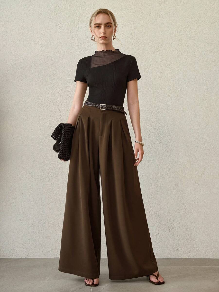 MOTF PREMIUM 黑色牙签图案撞色网眼针织T恤 - 黑色 - 查看 1