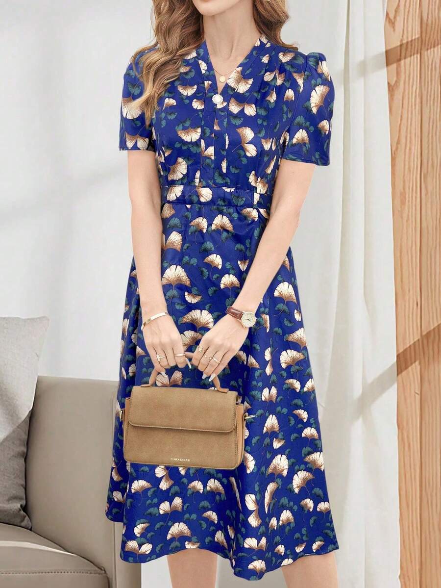 EMERY ROSE Vestido midi con cuello en V, cintura con lazo y manga corta, elegante y casual para mujer - azul real - Ver 1