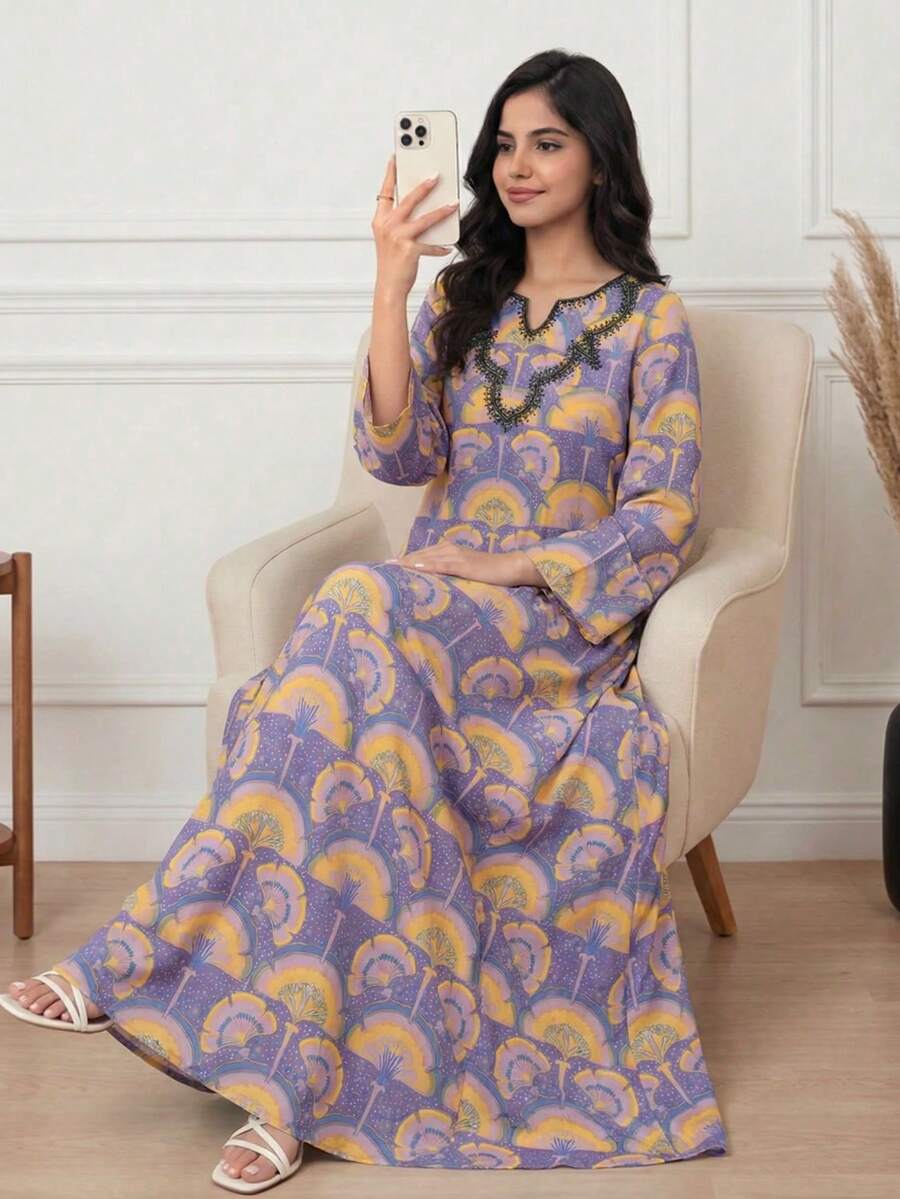 少女印花长袍，优雅复古花卉刺绣，少女休闲简约传统长袖阿拉伯连衣裙，适合春夏穿着，优雅端庄长袖连衣裙，祈祷长袍，舒适休闲，休闲穿着，度假风，端庄卡夫坦长袍，少女长袍，少女长袍 - 彩色 - 查看 1