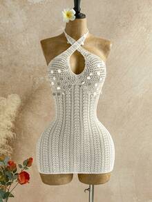 Soleia 女士纯色亮片镂空交叉吊带针织连衣裙，度假款 - 米色 - 查看 4