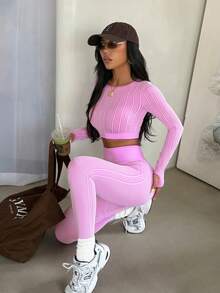 Sovereign Charm Women's Striped Print Backless Long Sleeve Top And High Waist Skinny Pants Activewear Set - Pink - View 7