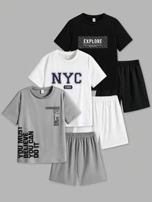SHEIN 6件套男童休闲宽松字母印花圆领T恤短裤套装，适合通勤、上学、日常休闲、运动、春夏穿着 - 彩色 - 查看 3