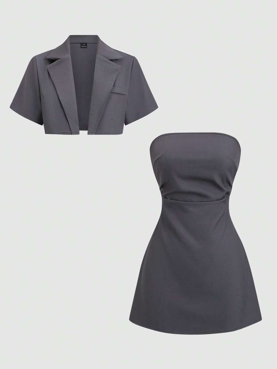 Sweetra 法式设计短款西装套装，性感无肩带连衣裙女装 - 淺灰色 - 查看 1