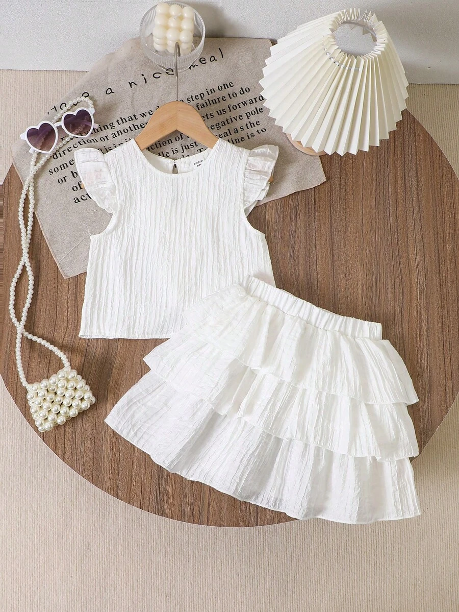 2pcs/Set Young Women's Fashionable & Versatile Cap Sleeve Top And Cake Skirt Set, Suitable For Summer - White - View 1