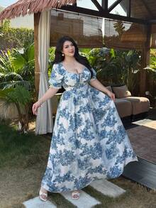 Vibekara Plus Size Elegant Floral Print Tie Waist Dress, Spring And Summer - Blue - View 7
