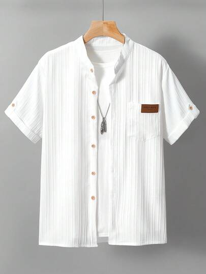 SHEIN Casual Textured Striped Fabric Stand Collar Shirt For Teenage Boys, Comfortable & Versatile For Daily, Commute, Vacation Wear