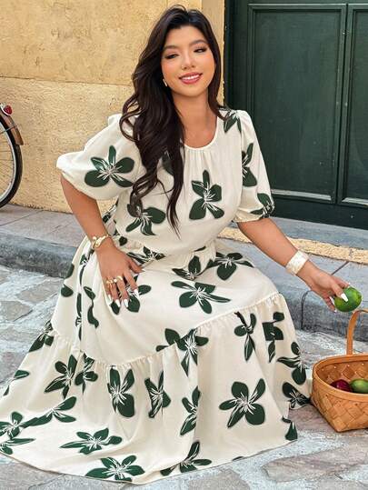 Ceyna Vestido midi con cuello redondo tejido, cintura ceñida, mangas abullonadas, parches y volantes en el bajo para tallas grandes