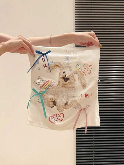 Resyla Chaleco sin tirantes para mujer / Estampado de cachorrito lindo / Estampado de letras de graffiti / Estilo sexy y con estilo / Y2K / Chaleco sin tirantes casual y versátil para mujer / Top sin tirantes para mujer primavera/verano