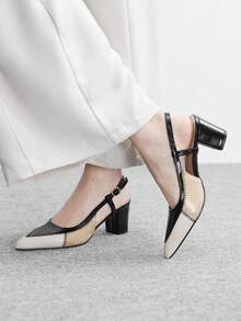 CUCCOO BIZCHIC Women Shoes Fashion Pointed Multi-Color Splicing Color Block Chunky Heel High Heel Back Strap Buckle Women's High Heel Shoes Daily Versatile Commuter Work Shoes Valentine's Day Spring Shoes - Black and White - View 5