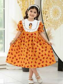 SHEIN Young Girl Elegant Red Rosewood Rose Print Dress,Cartoon Princess Pattern,Puff Sleeve Ruffle Hem,Orange,Autumn,Fairy,Party,Spring/Summer Casual Wear - White - View 5