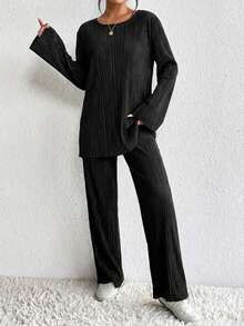 EURMUSE 2pcs/Set Casual Solid Color Flare Sleeve Top And Pants Set, Spring/Autumn - Black - View 3