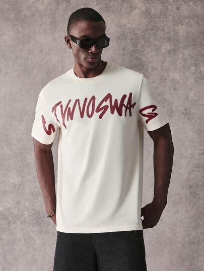 STYNVO Men's Letter Print Round Neck Casual Versatile Short Sleeve T-Shirt Cream Graphic T-Shirt Men Summer Casual Letter Print Short Sleeve T Shirt Mems Summer Round Neck Short Sleeve Cotton Printed With Letter Print Cream Graphic Tees Men Men Slogan Graphic Tee