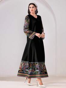 Al Najma Casual Modest V-Neck Floral Print Long Sleeve Arabic Dress Modest Dress Turkish Dress