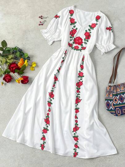 EMERY ROSE Women's Summer New Romantic Beach Vacation, Woven Floral Pattern, V-Neck Cinched Waist Puff Sleeve Dress, White Printed Dress