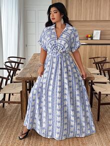 SHEIN LUNE 大码女式休闲日常/度假/通勤印花扭结长款衬衫裙 - 彩色 - 查看 6