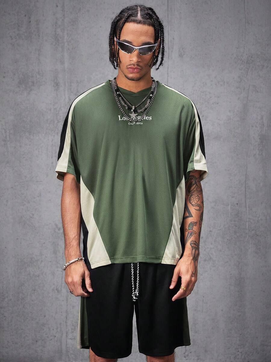 Manfinity VCAY Men's English Letter Print Loose Knit Short Sleeve T-Shirt Set - Multicolor - View 1