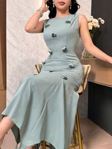 Modelyn 女士优雅纯色3D立体花卉装饰不对称下摆连衣裙 - 薄荷綠 - 查看 6