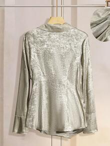 Lacomfia Camisa Dourada Metálica / Design de Gola Plissada Cruzada / Manga Sino Bainha Assimétrica Top Plus Size - Dourado - Visão 2