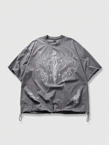 ROMWE MEN Camiseta casual de manga corta y cuello redondo con estampado de eslogan para hombres - Gris - Ver 1