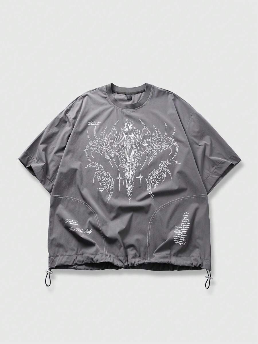 ROMWE MEN Camiseta casual de manga corta y cuello redondo con estampado de eslogan para hombres - Gris - Ver 1