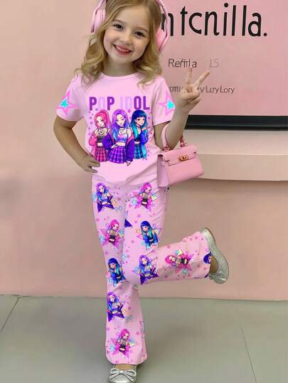 SHEIN 2pcs/Set KPOP Style Colorful Letter & Star Print Casual Fashionable Crop Top And Flare Pants Outfit, Suitable For Festivals, Parties, Daily Wear, Concerts
