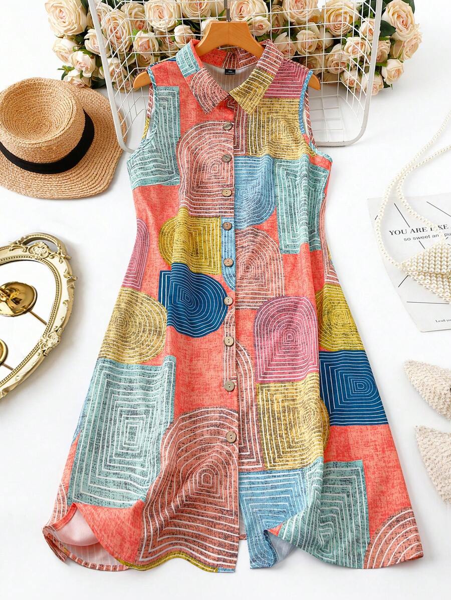Linhara Women's Large-Sized, Simple, Sleeveless Summer Striped Floral Print Shirt-Style Dress. - Multicolor - View 1
