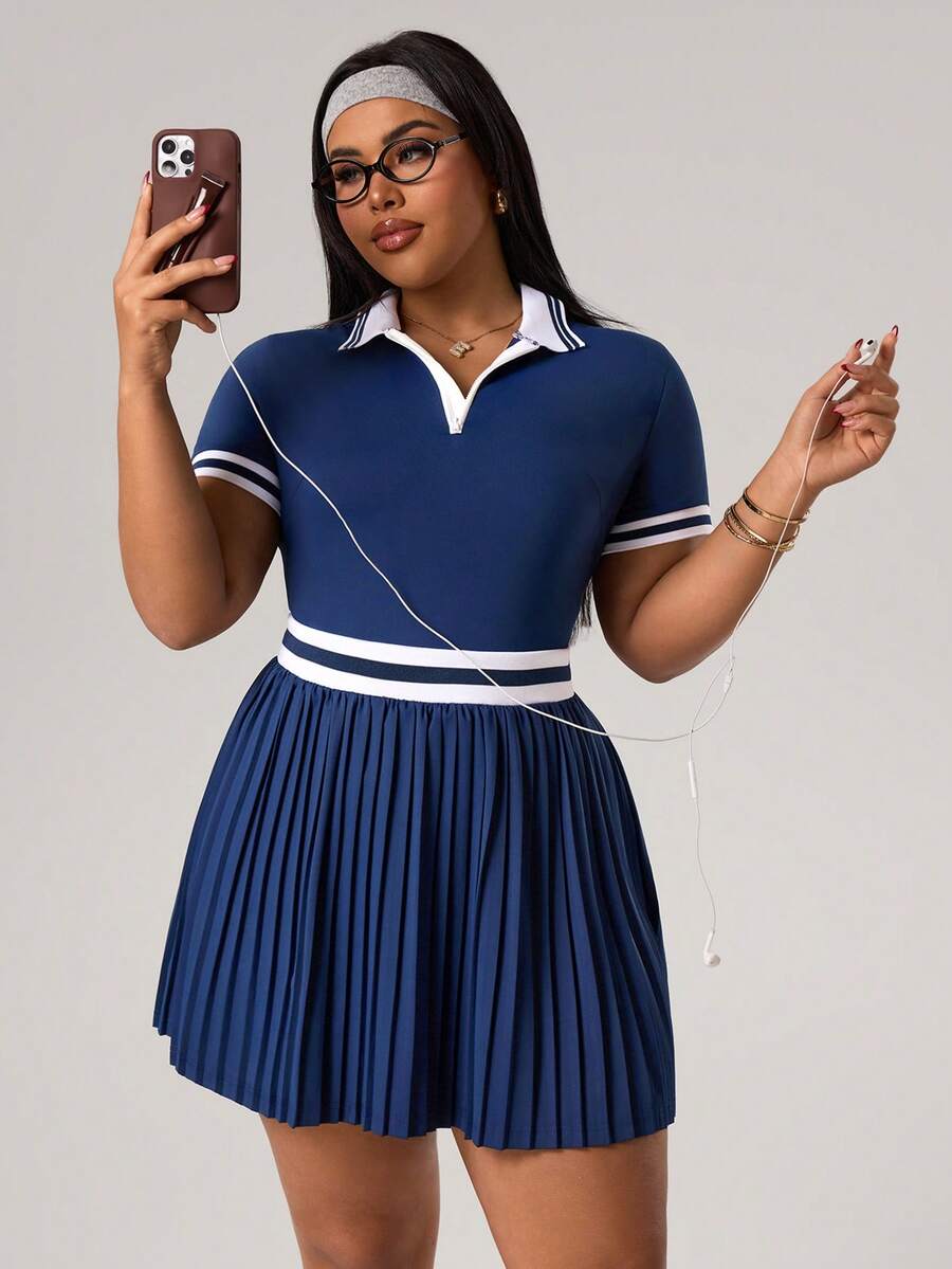 Rhythm Era 大码女式休闲撞色褶皱连衣裙 高尔夫连衣裙 大码网球连衣裙 女式Polo衫连衣裙 褶皱网球连衣裙 - 藏蓝色 - 查看 1