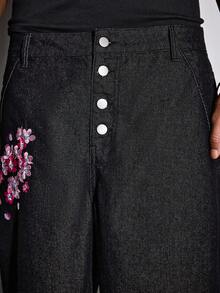 ROMWE MEN Street Life Quần short denim thường ngày có túi trước thêu hoa dành cho nam - màu đen - Xem 4