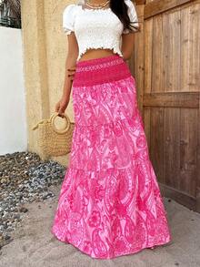 Sunnyshic Chân váy in họa tiết Bohemian dành cho nữ, trang phục thường ngày thoải mái cho kỳ nghỉ, mùa xuân/hè. - Màu Hoa hồng đỏ - Xem 5