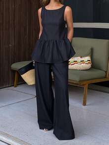 DAZY Women's Round Neck Sleeveless Ruffle Hem Denim Top And Loose Straight Leg Jeans Casual Suit - Dark Grey - View 1