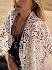 MOTF STUDIO WOMEN'S EMBROIDERED CROCHET-LOOK PONCHO STYLE BOHEMIAN TASSEL TIE SHAWL