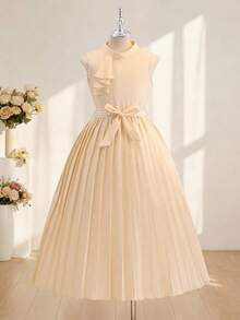 Tween Girls' Elegant Elegant High-End Apricot Sleeveless Round Neck Design Waist Snug Fit Luxurious Pleated Dress - Apricot - View 1