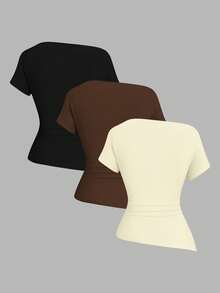 Sweetra Camiseta casual asimétrica de hombro para mujer - Multicolor - Ver 2