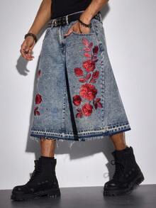 ROMWE MEN Street Life Quần short denim nam thêu hoa và đính đá. - Màu xanh lam - Xem 9