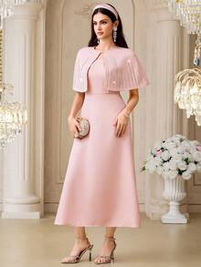 Modelyn New Design Patchwork Cloak Dress, Elegant Rhinestone Decor Waist Cinched Formal Gown ,Summer Dress,Spring Dresses For Women - Pink - View 6