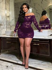 NU&NOW 大码蕾丝性感透视花卉拼接露肩长袖连衣裙 - 紫色 - 查看 3