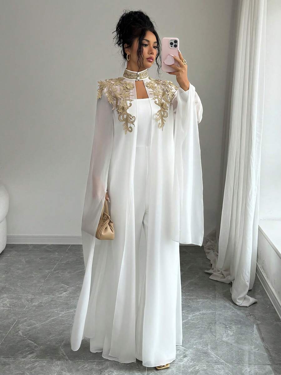 Elenzga Salopetă de damă cu dantelă aurie, set de 2 piese - imagine 7