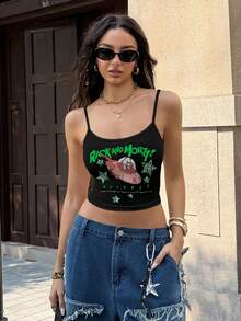 Rick and Morty X SHEIN 女士时尚街头卡通图案露脐吊带背心，夏季 - 白色 - 查看 8